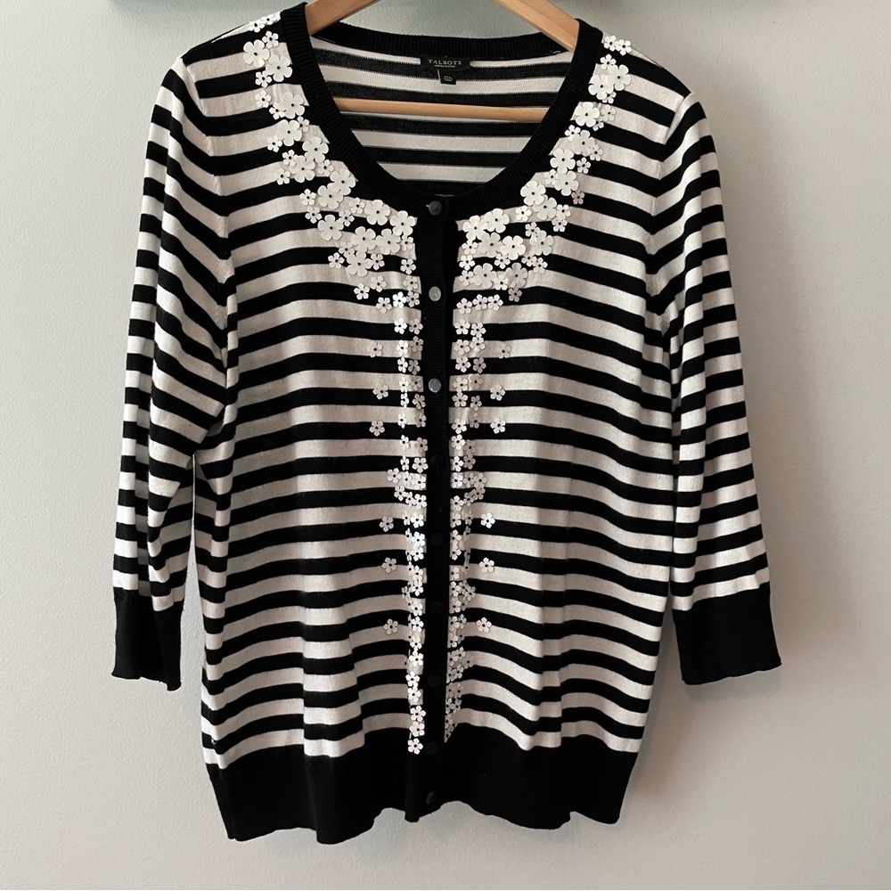 TALBOTS Striped Charming Cardigan with Floral Embellishment, 1XP, EUC